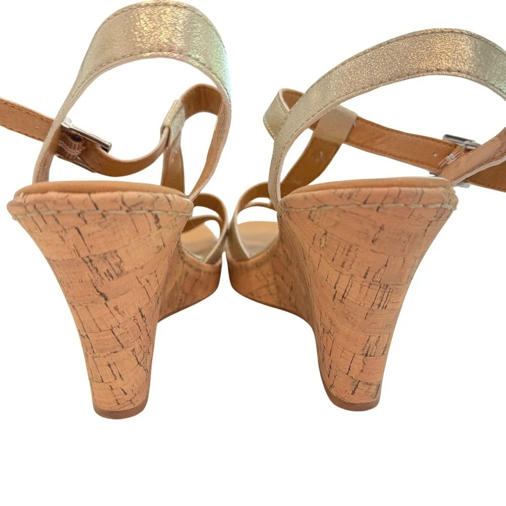B.O.C. Wedge Floral Metallic Sandals Women 10 Gold Cork Heel Boho Feminine Party